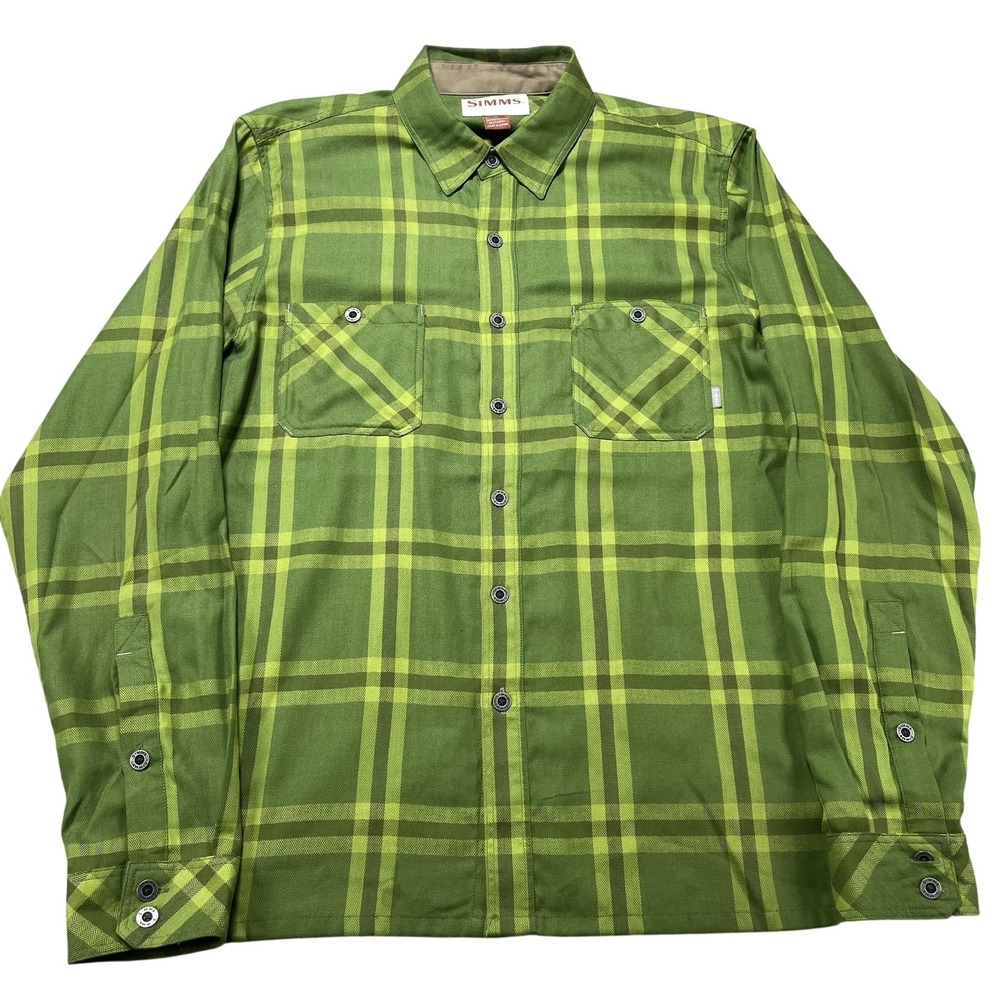Simms Shirt Mens Med Green Plaid Twill Button Front Long Sleeve Fishing Outdoor